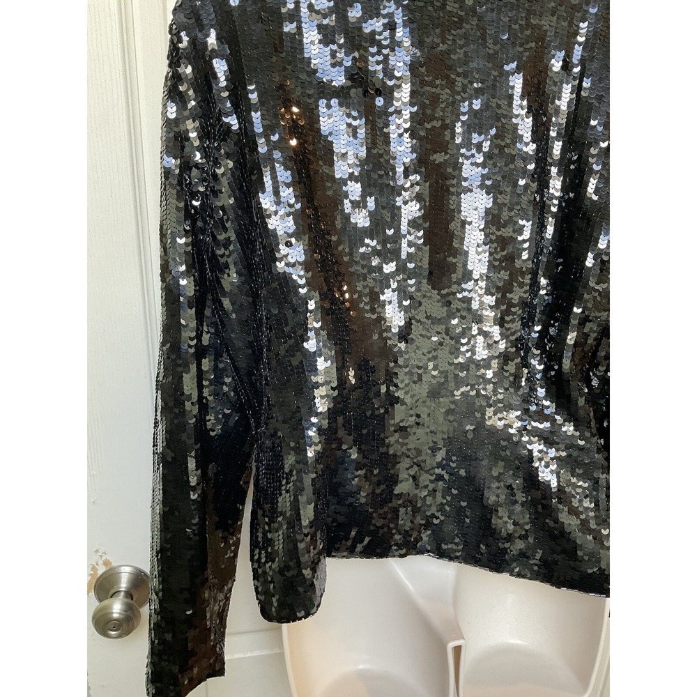 Vintage Black Sequin Blazer Jacket Single Button V-Neck Evening Party Shimmer - Picture 10 of 16